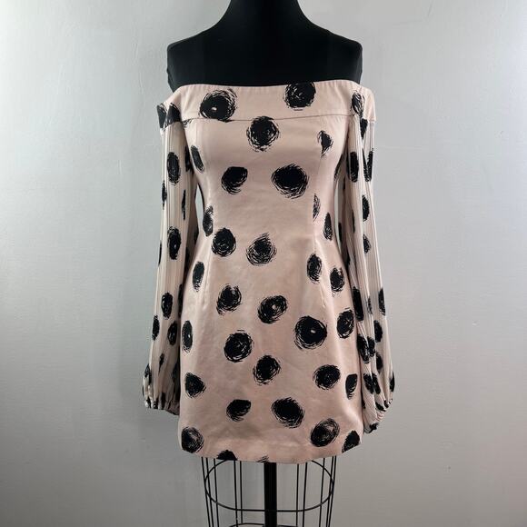 C/Meo Collective Beige Black Cotton Polka Dot Off The Shoulder Dress Size M - Picture 2 of 14